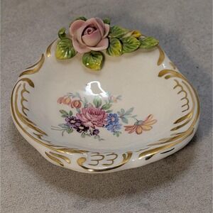 Vintage Dresden Capodimonte Porcelain Trinket Dish Applied Flowers Hand Painted